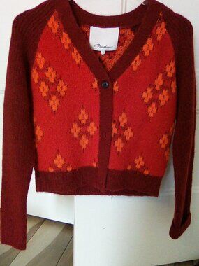 3.1 Phillip Lim Burgundy Orange Floral Knit Cardigan Sweater